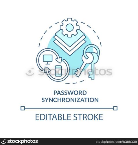 Password synchronization turquoise concept icon. Management abstract idea thin line illustration. Sync between systems. Isolated outline drawing. Editable stroke. Arial, Myriad Pro-Bold fonts used. Password synchronization turquoise concept icon