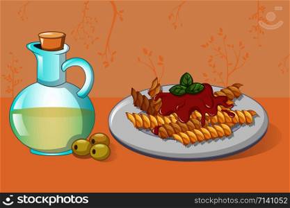 Pasta and olive oil concept background. Cartoon illustration of pasta and olive oil vector concept background for web design. Pasta and olive oil concept background, cartoon style