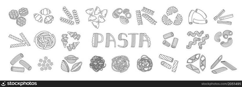 Pasta bundle. Italian macaroni illustration set. Doodle vector food sketch. Rigatoni, fusilli and garganelli. Noodle, stelle, conchiglie and spaghetti. Farfalle, tortiglioni, pipe rigate and penne.