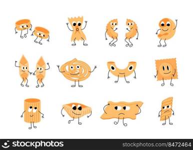 Pasta cartoon characters. Cute wheat food mascots with happy faces, hands and legs for restaurant menu. Vector comic smiling healthy set cute comic pasta. Pasta cartoon characters. Cute wheat food mascots with happy faces, hands and legs for restaurant menu. Vector comic smiling healthy set