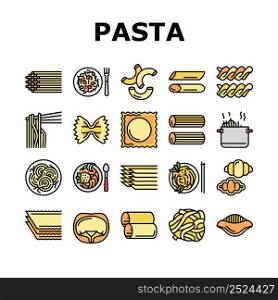 Pasta Delicious Food Meal Cooking Icons Set Vector. Ravioli And Tortellini, Spaghetti And Pasta, Macaroni And Fusilli, Cannelloni And Lasagna. Cooked Dish Plate Nutrition Color Illustrations. Pasta Delicious Food Meal Cooking Icons Set Vector