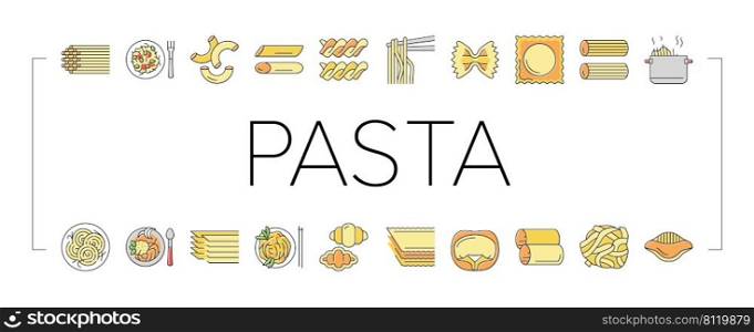 Pasta Delicious Food Meal Cooking Icons Set Vector. Ravioli And Tortellini, Spaghetti And Pasta, Macaroni And Fusilli, Cannelloni And Lasagna. Cooked Dish Plate Nutrition Color Illustrations. Pasta Delicious Food Meal Cooking Icons Set Vector