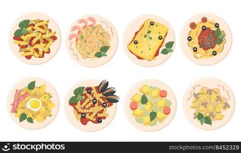 Pasta dishes set. Noodles, macaroni, lasagna, bolognese with cheese, tomato sauce, meatballs, olives and seafood. Vector illustrations for traditional Italian cuisine, food, culinary concept
