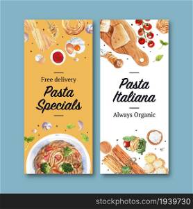 Pasta flyer design with cheese, garlic watercolor illustration.
