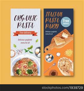 Pasta flyer design with hands, garlic, pasta watercolor illustration.