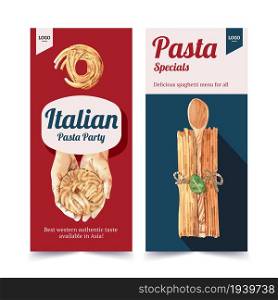 Pasta flyer design with hands, spoon watercolor illustration.