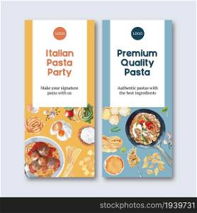 Pasta flyer design with pasta, egg, tomato, garlic watercolor illustration.