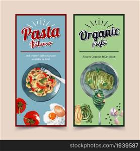 Pasta flyer design with pasta, egg, tomato watercolor illustration.