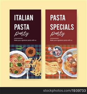 Pasta flyer design with pasta, pepper, fork watercolor illustration.