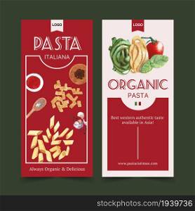 Pasta flyer design with penne, spoon, tomato watercolor illustration.