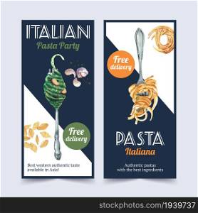 Pasta flyer design with spaghetti, fork watercolor illustration.