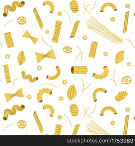 Pasta pattern. Seamless texture of traditional Italian macaroni, different homemade types of raw spaghetti. Decor textile, wrapping paper wallpaper vector print or fabric isolated on white background. Pasta pattern. Seamless texture of traditional Italian macaroni, different homemade types of raw spaghetti. Decor textile, wrapping paper wallpaper vector print or fabric on white background