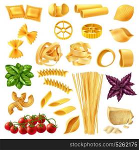 Pasta Realistic Set. Realistic set of pasta including penne, fusilli, tagliatelle, farfalle, spaghetti, cheese, tomato and basil isolated vector illustration