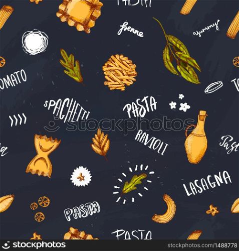 Pasta seamless pattern design on dark chalk board with hand drawn lettering. Spaghetti background for apron,wrapping, menu.. Pasta seamless pattern design on dark chalk board with hand drawn lettering. Spaghetti background for apron,wrapping, menu