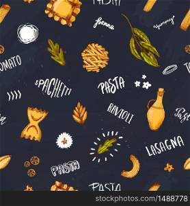Pasta seamless pattern design on dark chalk board with hand drawn lettering. Spaghetti background for apron,wrapping, menu.. Pasta seamless pattern design on dark chalk board with hand drawn lettering. Spaghetti background for apron,wrapping, menu