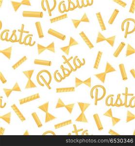 Pasta Seamless Pattern Isolated on White. Pasta seamless pattern isolated on white. Staple food of traditional Italian cuisine. Noodle made from unleavened dough formed into sheets. Endless texture with pasta for wallpapers design. Vector