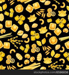 Pasta shape of italian food seamless pattern background. Pasta, spaghetti and macaroni, penne, rigatoni and fusilli, ravioli, fettuccine and gnocchi, noodle, orzo and rotelle of mediterranean cuisine. Pasta of italian food seamless pattern background
