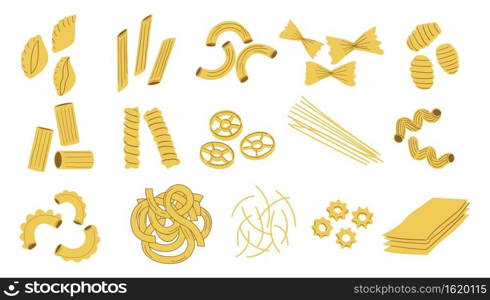 Pasta types. Hand drawn wheat macaroni. Traditional Italian food, dough product. Raw spaghetti set. Homemade penne and farfalle, yellow fusilli or noodle. Vector national meal restaurant menu template. Pasta types. Hand drawn wheat macaroni. Traditional Italian food, dough products. Raw spaghetti set. Homemade penne and farfalle, fusilli or noodle. Vector national restaurant menu template