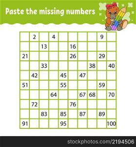Paste the missing numbers from 1 to 100. Handwriting practice. Learning numbers for kids. Education developing worksheet. Activity page. Isolated vector illustration in cute cartoon style.
