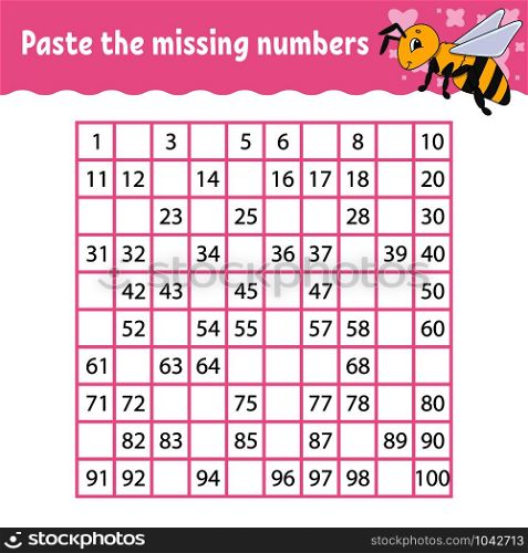 Paste the missing numbers. Handwriting practice. Learning numbers for kids. Education developing worksheet. Activity page. Game for children. Isolated vector illustration in cute cartoon style. Paste the missing numbers. Handwriting practice. Learning numbers for kids. Education developing worksheet. Activity page. Game for children. Isolated vector illustration in cute cartoon style.