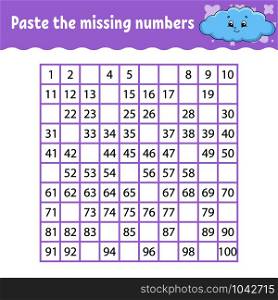 Paste the missing numbers. Handwriting practice. Learning numbers for kids. Education developing worksheet. Activity page. Game for children. Isolated vector illustration in cute cartoon style. Paste the missing numbers. Handwriting practice. Learning numbers for kids. Education developing worksheet. Activity page. Game for children. Isolated vector illustration in cute cartoon style.