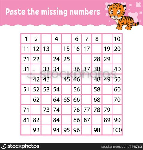 Paste the missing numbers. Handwriting practice. Learning numbers for kids. Education developing worksheet. Activity page. Game for children. Isolated vector illustration in cute cartoon style.