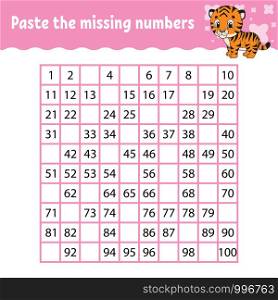 Paste the missing numbers. Handwriting practice. Learning numbers for kids. Education developing worksheet. Activity page. Game for children. Isolated vector illustration in cute cartoon style.