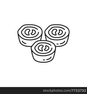 Pasteh cakes or mooncake isolated traditional Portugal food monochrome thin line icon. Vector portuguese cuisine national food, pastry bakery. Cheesecake dessert, chinese moon cake, asian snack. Portugal Chinese mooncake isolated thin line icon