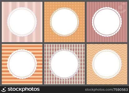 Pastel color gentle posters with round frames and ornaments. Vector invitations and greeting cards design with spare place for text, cover templates. Pastel Color Gentle Posters with Round Frames