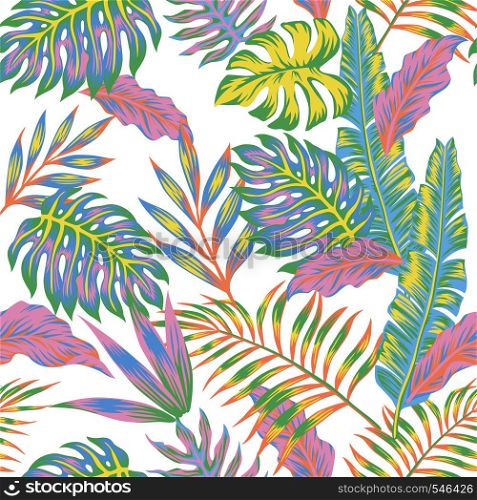 Pastel color jungle Seamless tropical exotic vector pattern on the white background