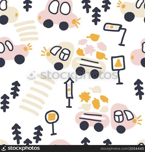 Pastel colored seamless pattern of cars and trucks carrying leaves. Perfect for T-shirt, textile and prints. Hand drawn vector illustration for decor and design.