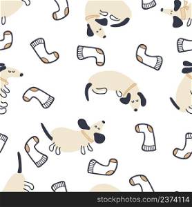 Pastel colored seamless pattern of playing dachshunds and socks. Perfect for T-shirt, textile and prints. Hand drawn vector illustration for decor and design.