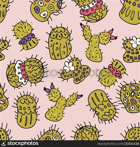 Pastel colored vector seamless pattern of bright green cacti. Perfect for T-shirt, textile and prints. Hand drawn illustration for decor and design.