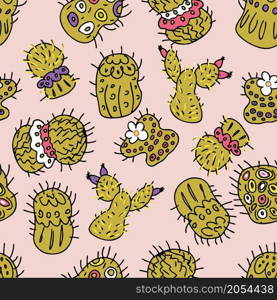 Pastel colored vector seamless pattern of bright green cacti. Perfect for T-shirt, textile and prints. Hand drawn illustration for decor and design.