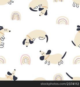 Pastel colored vector seamless pattern of dachshunds and rainbows. Perfect for T-shirt, textile and prints. Hand drawn illustration for decor and design.