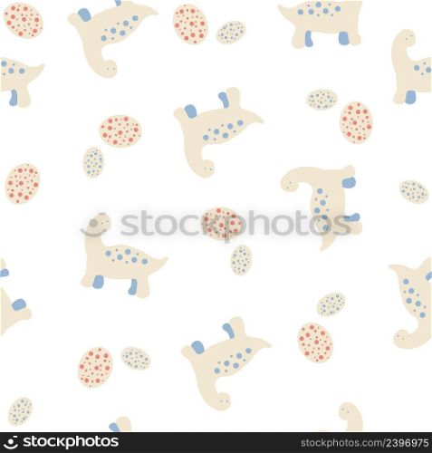 Pastel colored vector seamless pattern of dinosaurs and spotted eggs. Perfect for T-shirt, textile and prints. Hand drawn illustration for decor and design.
