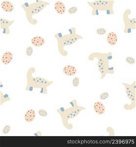 Pastel colored vector seamless pattern of dinosaurs and spotted eggs. Perfect for T-shirt, textile and prints. Hand drawn illustration for decor and design.