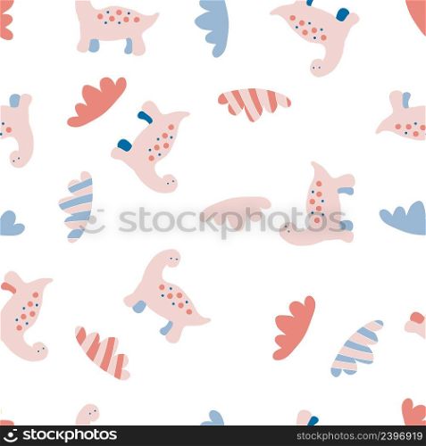 Pastel colored vector seamless pattern of dinosaurs and striped clouds. Perfect for scrapbooking, greeting card, poster, textile and prints. Doodle style illustration for decor and design.