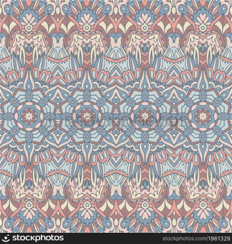 Pastel colors asian tribal seamless pattern fort fabric. Bohemian nomadic style doodle handdrawn arts.. Vector seamless pattern Ethnic tribal natural color print vintage design. Bohemian style