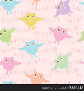 Pastel colors seamless owls pattern. Vector cute cartoon birds background. Can be used for textile, bed lining, baby clothing. cards and wrapping paper.