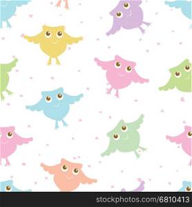 Pastel colors seamless owls pattern. Vector cute cartoon birds background. Can be used for textile, bed lining, baby clothing. cards and wrapping paper.