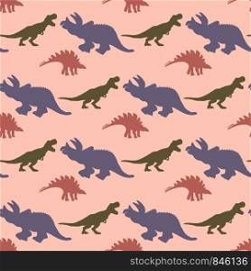 Pastel colour dinosaurs silhouette seamless pattern on pink background. Cute hand drawn sketch style textile, wrapping paper, background design. . Pastel colour dinosaurs silhouette seamless pattern on pink background