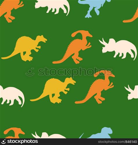 Pastel colours dinosaurs silhouette seamless pattern on bright green colour background. Cute hand drawn sketch style textile, wrapping paper, background design.. Pastel colours dinosaurs silhouette seamless pattern on bright green colour background
