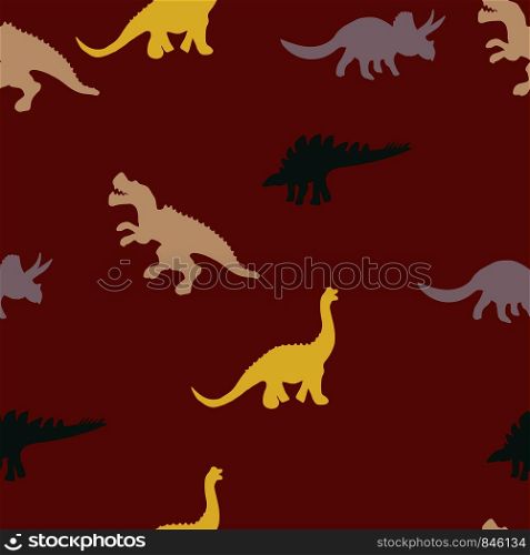 Pastel colours dinosaurs silhouette seamless pattern on brown background. Flat style illustration. Cute hand drawn sketch style textile, wrapping paper, background design. . Pastel colours dinosaurs silhouette seamless pattern on brown background