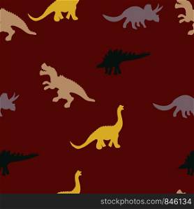 Pastel colours dinosaurs silhouette seamless pattern on brown background. Flat style illustration. Cute hand drawn sketch style textile, wrapping paper, background design. . Pastel colours dinosaurs silhouette seamless pattern on brown background