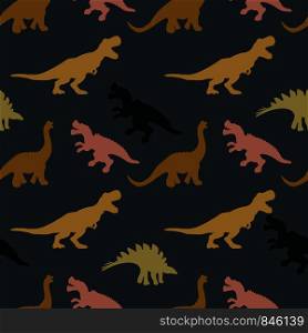 Pastel colours dinosaurs silhouette seamless pattern on dark grey colour background. Cute hand drawn sketch style textile, wrapping paper, background design.. Pastel colours dinosaurs silhouette seamless pattern on dark grey colour background
