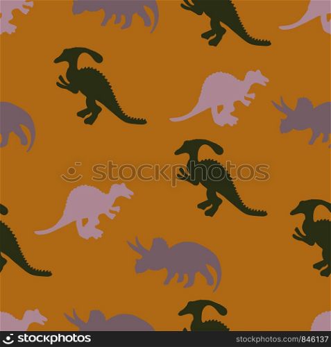 Pastel dinosaurs silhouette seamless pattern on mustard colour background. Cute hand drawn sketch style textile, wrapping paper, background design.. Pastel dinosaurs silhouette seamless pattern on mustard colour background