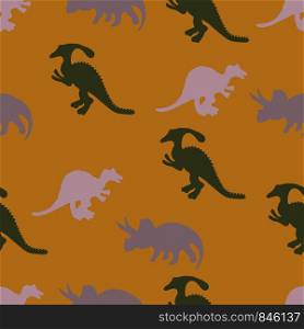 Pastel dinosaurs silhouette seamless pattern on mustard colour background. Cute hand drawn sketch style textile, wrapping paper, background design.. Pastel dinosaurs silhouette seamless pattern on mustard colour background