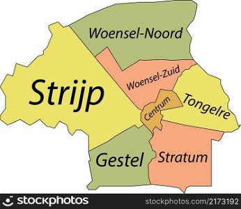 Pastel flat vector administrative map of EINDHOVEN, NETHERLANDS with name tags and black border lines of its districts