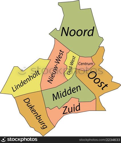 Pastel flat vector administrative map of NIJMEGEN, NETHERLANDS with name tags and black border lines of its districts